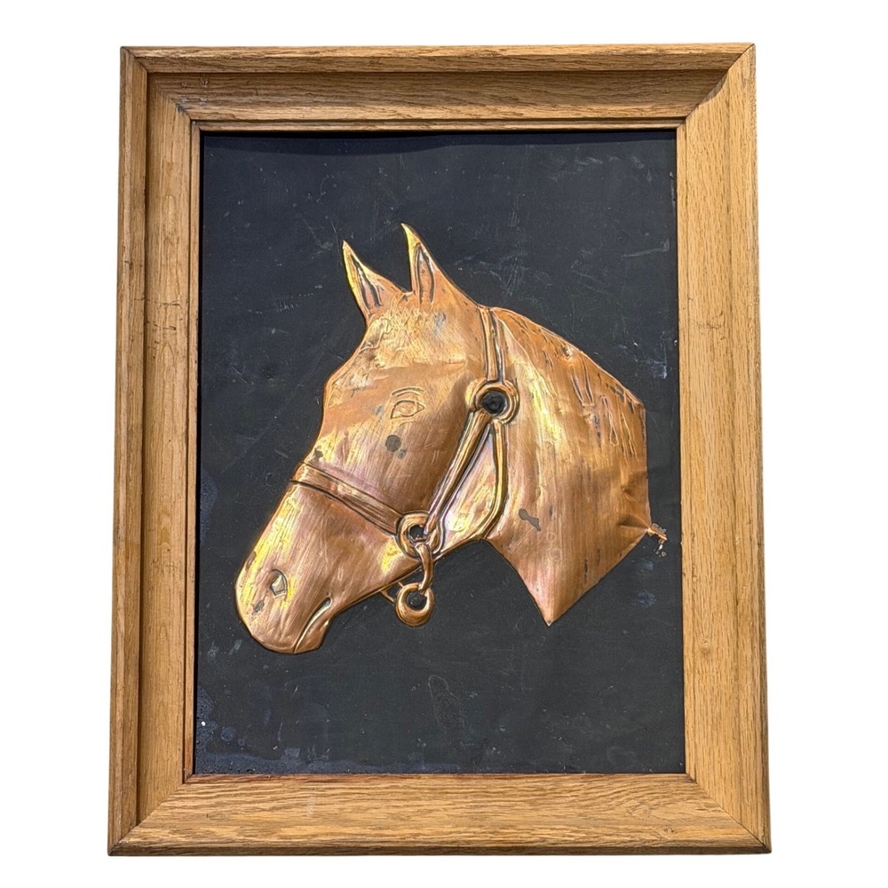 Vintage Copper Relief Horse Head Wall Art Framed Oak Rustic Equestrian 14x11